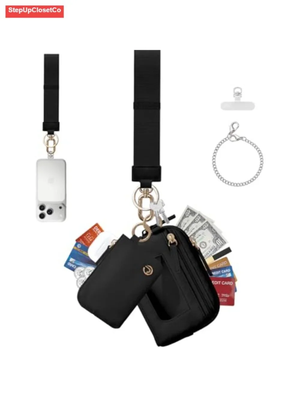 Dual Pouch Wristlet Keychain Wallet RFID Blocking Nylon Coin Purse Phone Tether